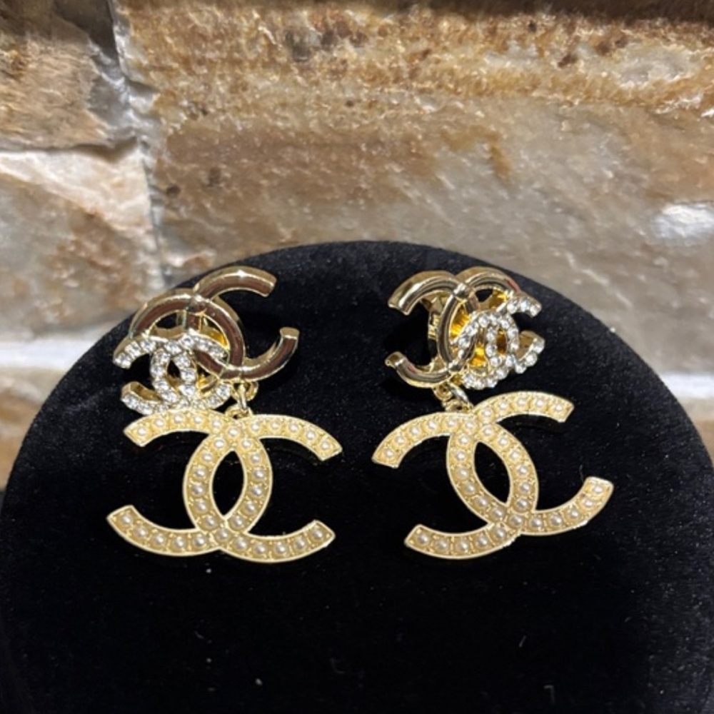 Upcycled Pearl and Crystal CC Logo Earrings